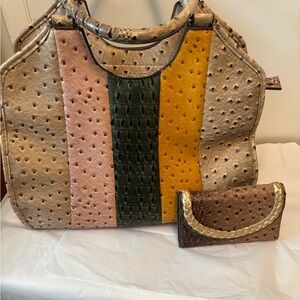Elegant Cato Multicolor faux Ostrich Pattern Tote Bag and Wallet Set